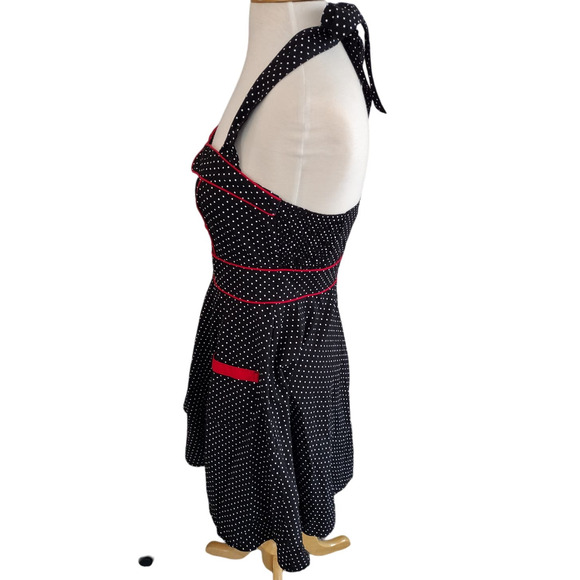 Hell Bunny | Black Polka Dot Red Trim Sweetheart Halter Fit & Flare Dress - Picture 4 of 14